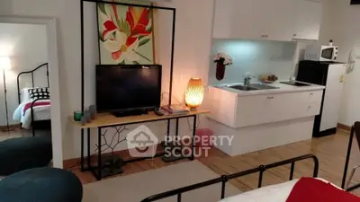 Charming studio apartment with modern kitchen and cozy living area, perfect for urban living.
