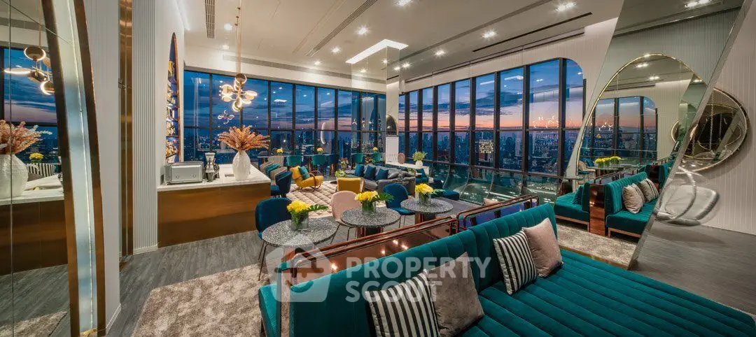 Luxurious high-rise living room with panoramic city views and elegant modern decor.