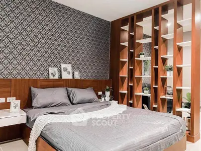 Luxurious bedroom with elegant wood paneling and modern decor