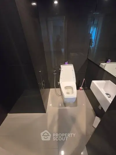 Modern bathroom with sleek black tiles and contemporary fixtures