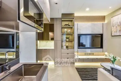 Luxurious modern living room with sleek design and built-in entertainment center.