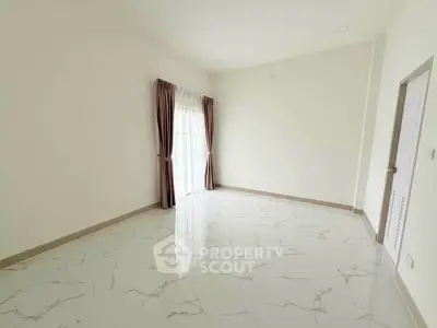 Spacious empty room with elegant marble flooring and large window with curtains, perfect for customization.