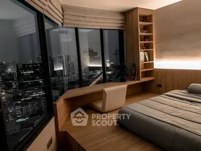 Luxurious bedroom with stunning city view and modern wooden decor.