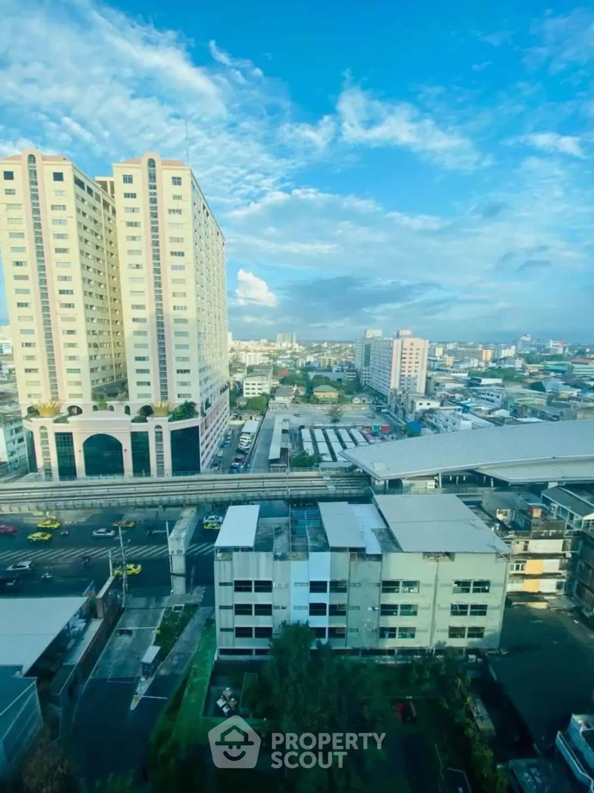 Stunning cityscape view from high-rise building with clear blue sky
