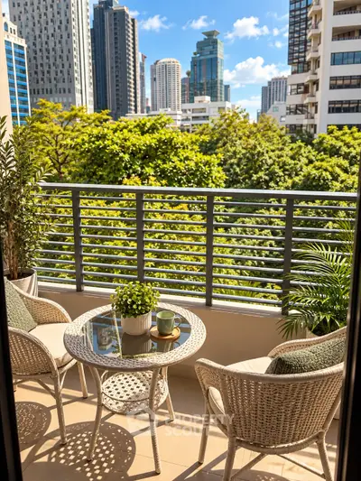 Charming balcony with city view, perfect for relaxation and enjoying the urban skyline.
