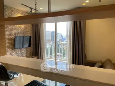 Modern living room with city view and stylish decor