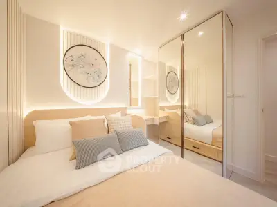 Elegant bedroom with mirrored wardrobe and stylish decor