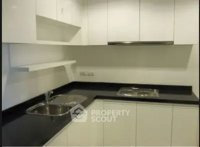 Modern kitchen with sleek white cabinets and black countertops