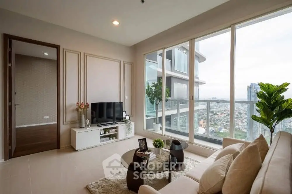 Modern living room with stunning city view and elegant decor