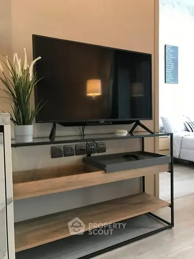Modern living room with sleek TV stand and stylish decor