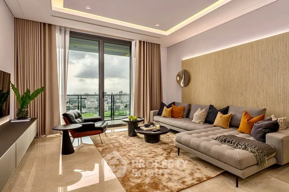 Luxurious living room with panoramic city view, elegant decor, and spacious seating area.