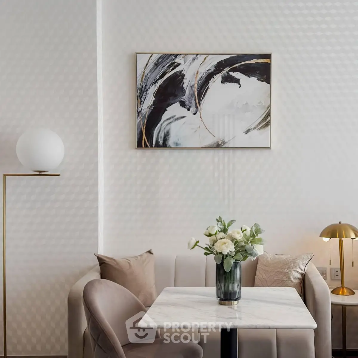 Elegant modern living room with stylish decor and cozy seating area.