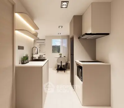 Modern kitchen with sleek cabinetry and open layout leading to dining area, featuring neutral tones and contemporary lighting.