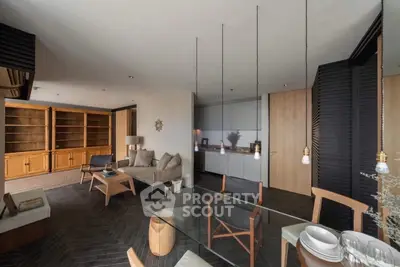 Spacious modern living room with elegant wooden furniture and open layout design