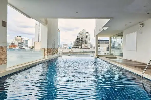 Luxurious rooftop pool with stunning cityscape views in modern high-rise building.