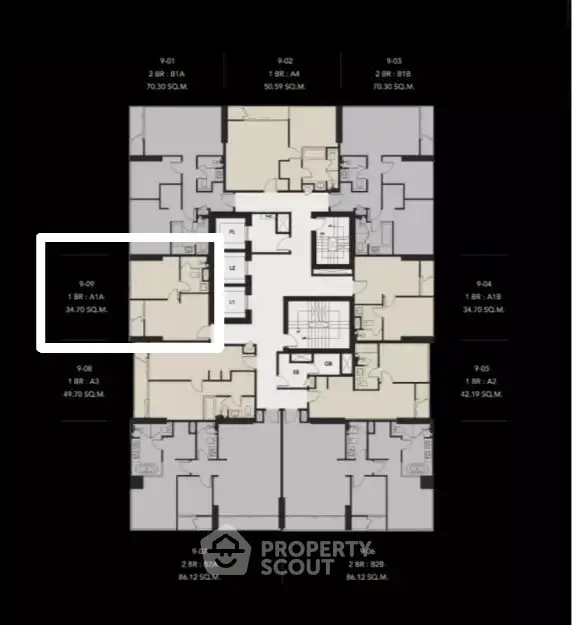 Floor plan layout showcasing multiple apartment units with detailed measurements.