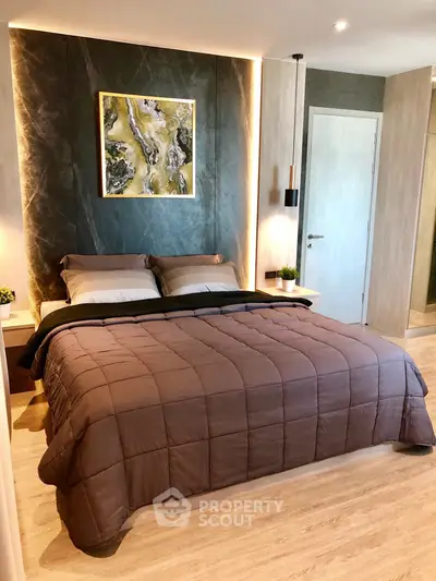 Luxurious modern bedroom with elegant decor and stylish lighting