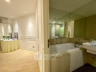 Elegant bathroom with bathtub and stylish decor in modern apartment