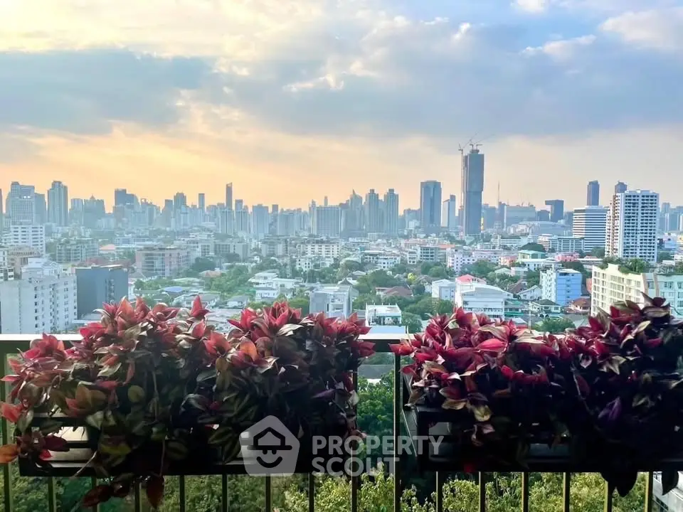 Stunning cityscape view from a high-rise balcony with lush potted plants at sunset.
