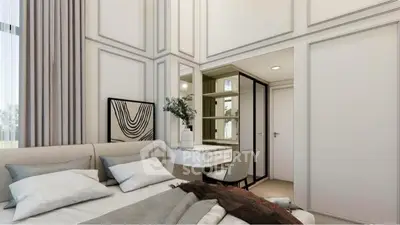 Luxurious modern bedroom with elegant decor and ample natural light