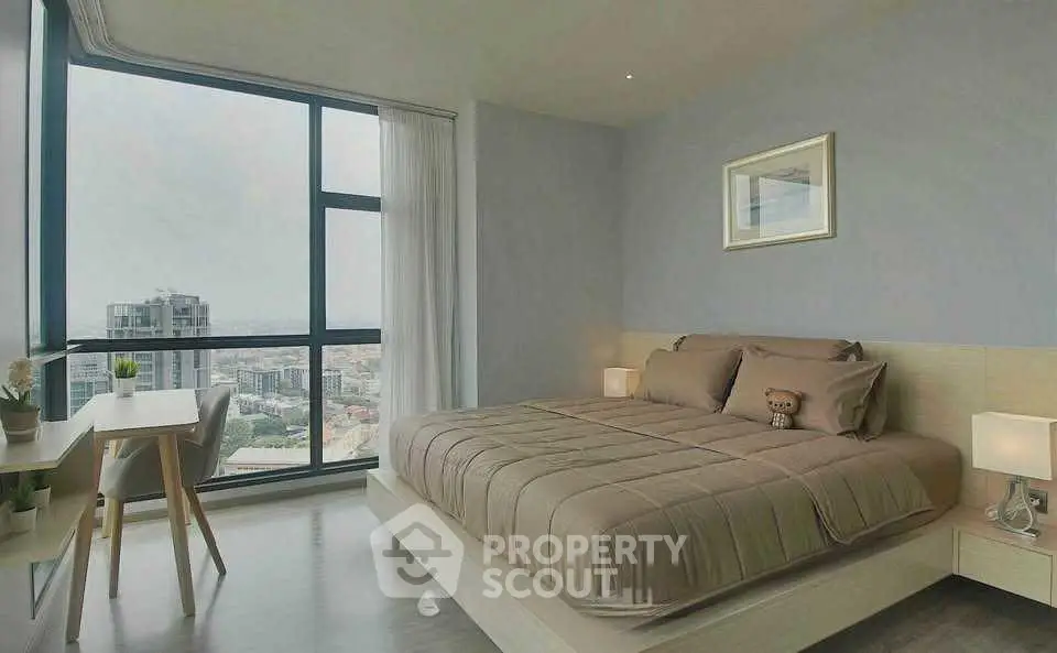 Modern bedroom with stunning city view and elegant decor