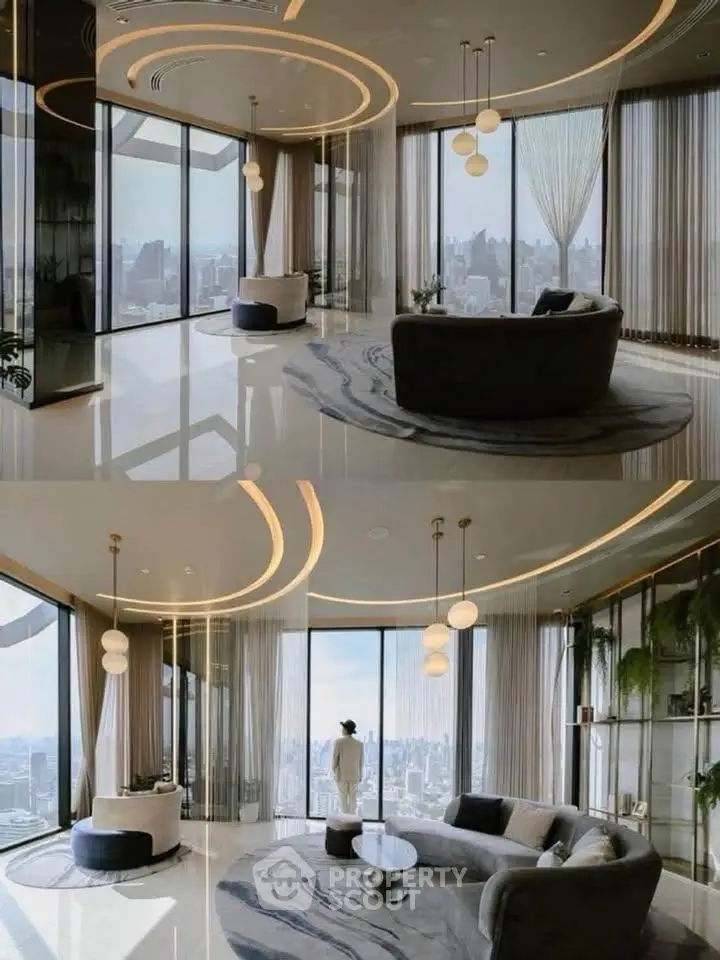 Luxurious modern living room with panoramic city views and elegant circular design elements.