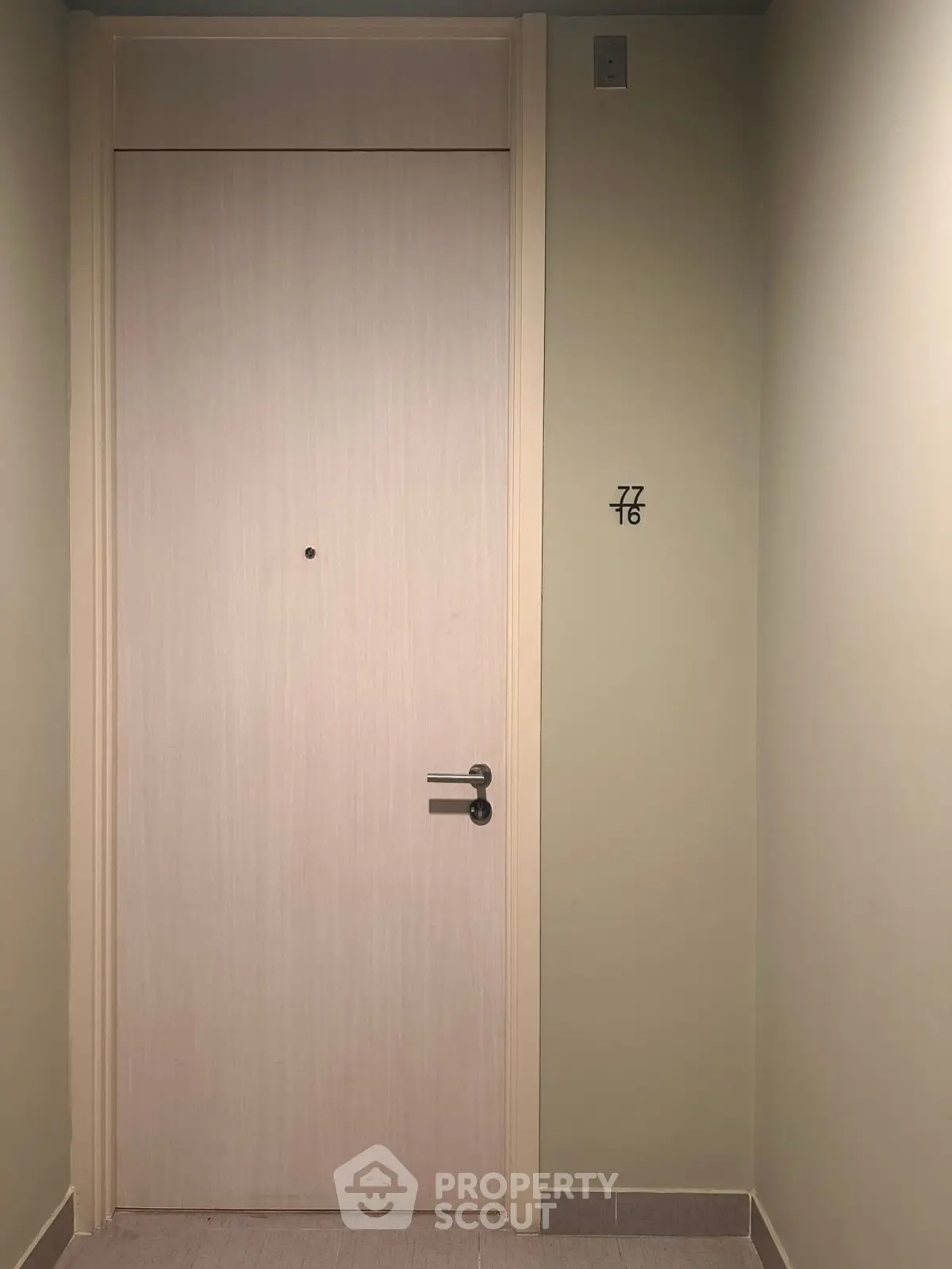 Modern apartment entrance with sleek door design and neutral wall colors.