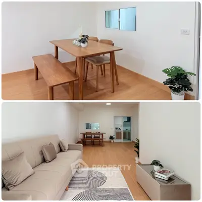 Spacious modern living room with wooden dining set and cozy sofa, perfect for family gatherings.