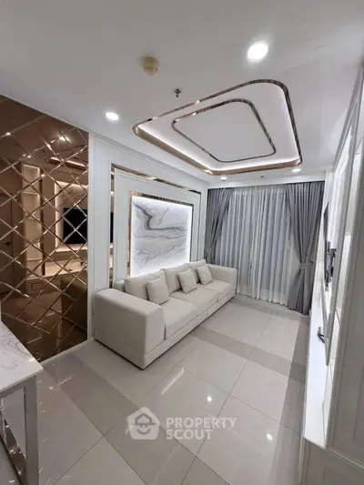 Luxurious modern living room with elegant ceiling design and plush sofa