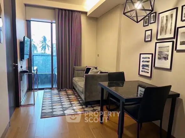 Stylish living room with modern decor and balcony view