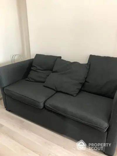 Spacious and inviting living room highlighted by a modern charcoal grey sofa set against a neutral backdrop, perfect for relaxation or entertaining guests.