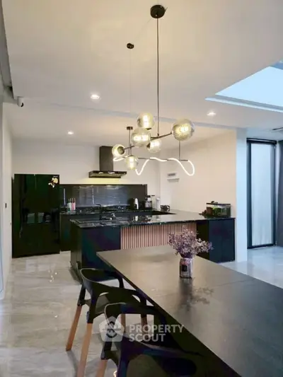Modern kitchen with sleek black cabinetry and stylish lighting fixtures.
