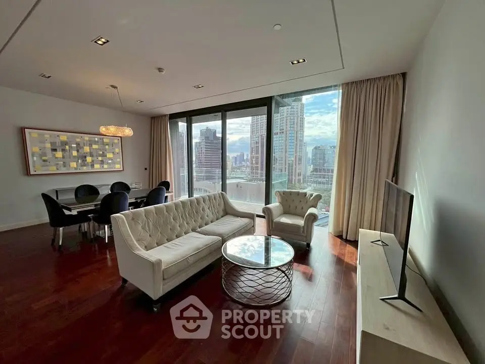 Luxurious living room with stunning city view, elegant furniture, and modern decor in high-rise apartment.