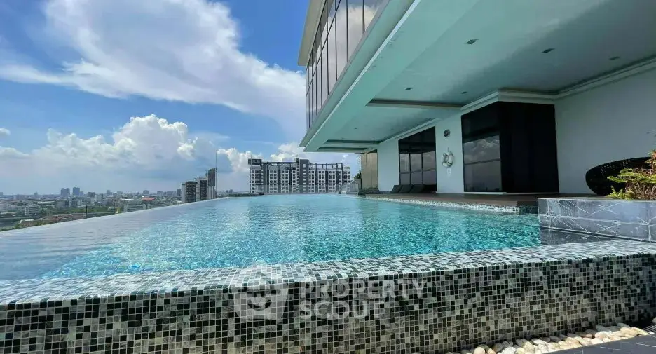 Luxurious rooftop infinity pool with stunning city skyline views in modern high-rise building.