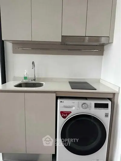 Modern compact kitchen with integrated washer and sleek cabinetry