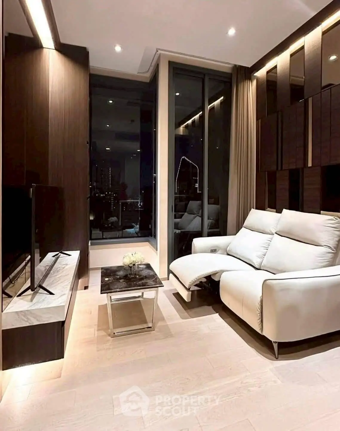 Luxurious modern living room with elegant decor and city view