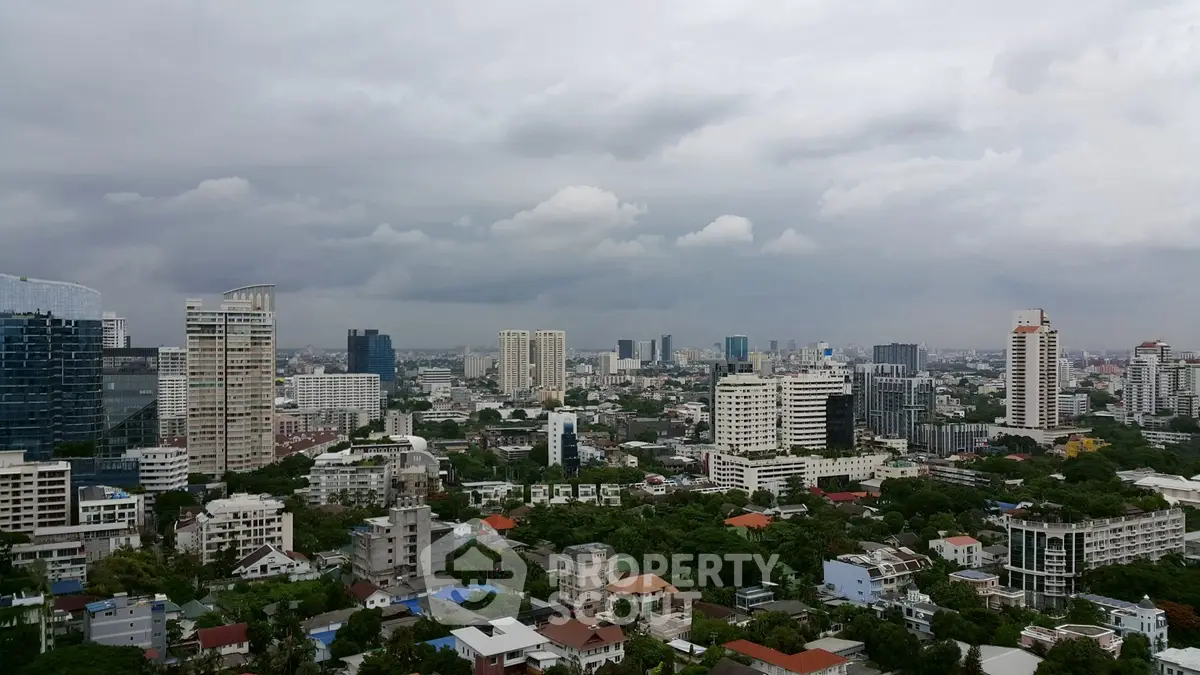 Stunning cityscape view showcasing a vibrant urban skyline with lush greenery and modern architecture.