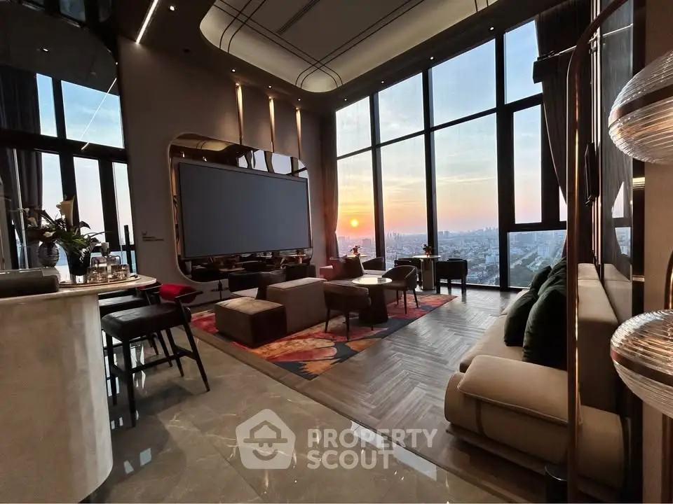 Luxurious living room with panoramic city view and modern decor