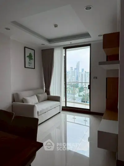 Modern living room with city view and sleek interior design