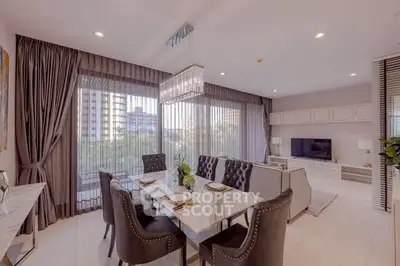 Luxurious modern living room with elegant dining area and large windows offering city views.