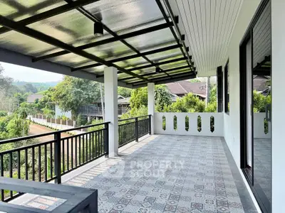 Spacious balcony with scenic views and modern design in a serene neighborhood.