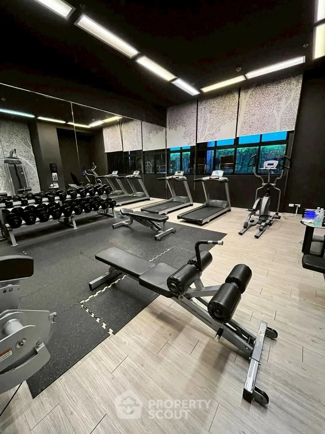 Modern gym with state-of-the-art equipment and large mirrors, perfect for fitness enthusiasts.