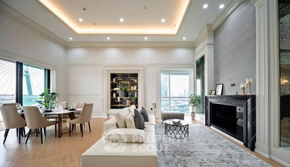 Luxurious living room with elegant decor and stunning city view