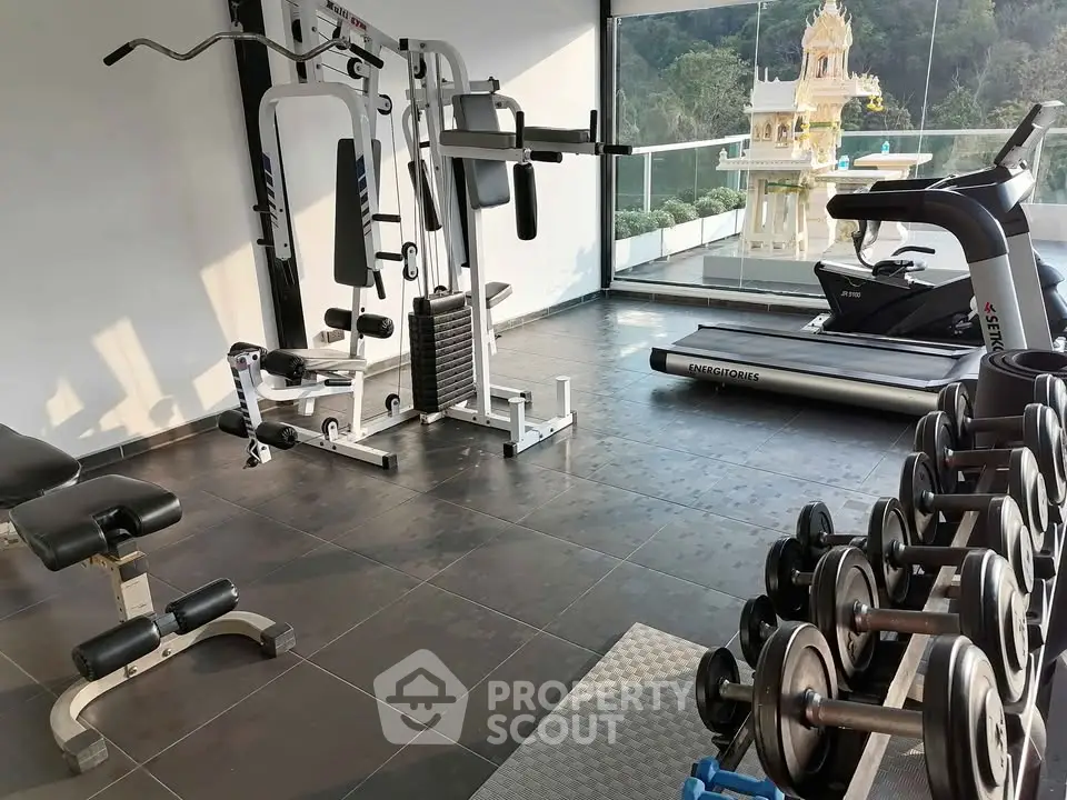 Modern gym with state-of-the-art equipment and scenic view in luxury property.