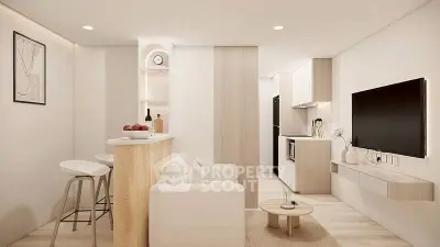 Modern living room with open kitchen, minimalist decor, and cozy seating area.