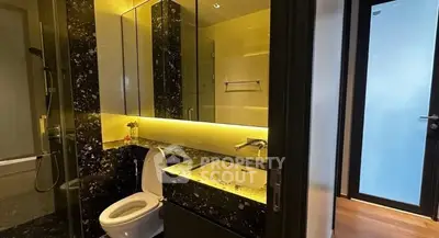 Luxurious modern bathroom with elegant black marble accents and ambient lighting.