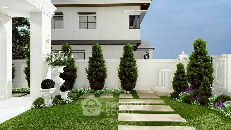 Elegant garden with manicured lawn and decorative potted plants in a modern residential setting.