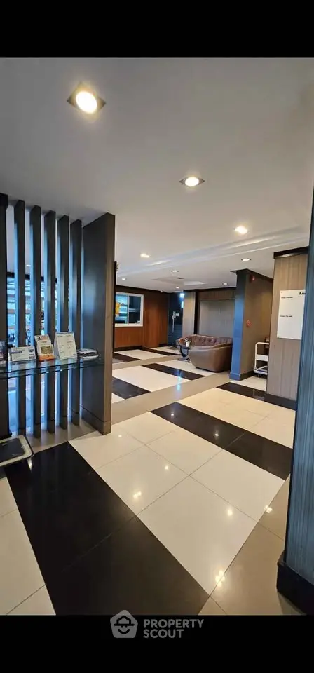 Modern building lobby with stylish seating and sleek design