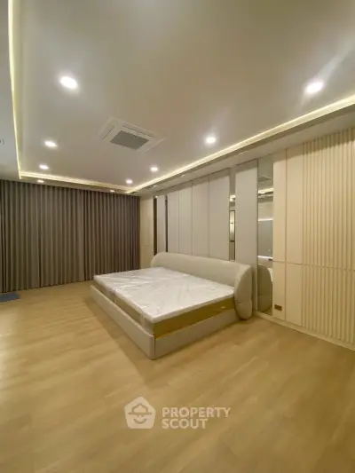 Spacious modern bedroom with elegant lighting and sleek design