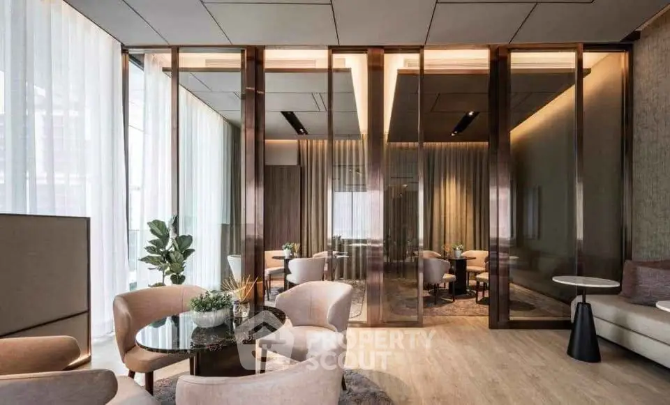 Luxurious modern living room with elegant decor and floor-to-ceiling windows